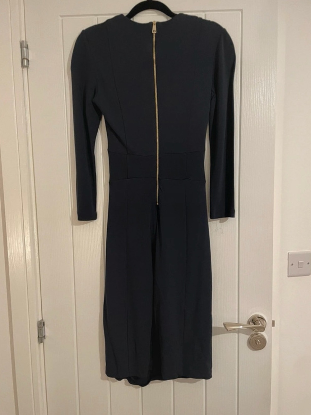 Burberry Navy Ruched V-Neck Long Sleeve Sheath Dress - Picture 9 of 9